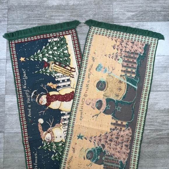 Sandi Gore Evens Tapestry Table Runner 72”x13” Snowmen Merry Christmas Rabbits - Picture 13 of 16